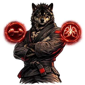 Lobo Brutal de braços cruzados entre símbolos de força e gás